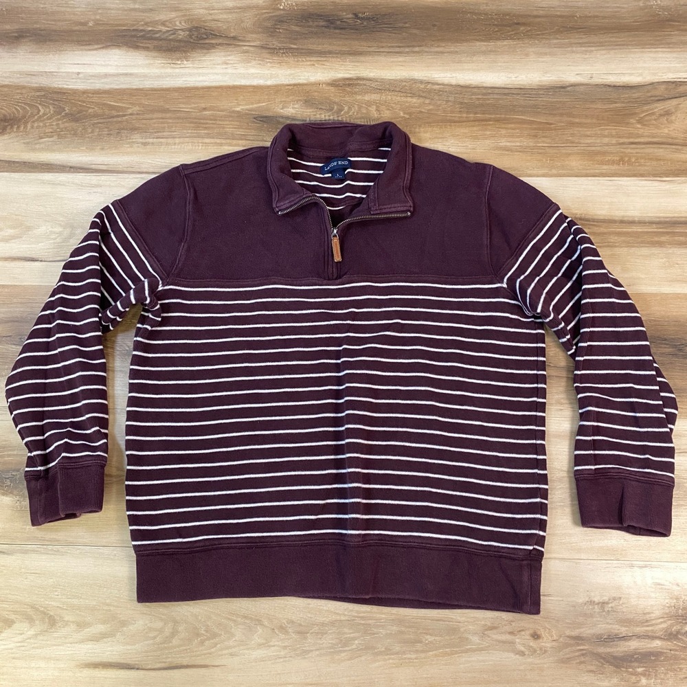Lands‎ End Quarter Zip Sweater Men Large Burgundy Striped Cotton Pullover Maroon